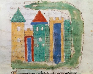 Representasjon av et miniatyrcitat fra manuskriptet "De Universo" (eller De rerum naturis (De la Nature des choses) (cod. 132) av Rabanus Maurus Magnentius (eller Raban Maur eller Rabano Mauro) (ca. 780-856) 9. århundre Arkivet til Monte Cassino Abbey (Mou