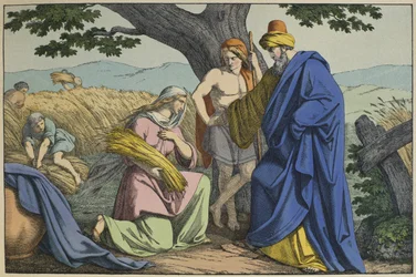 Ruth og Boaz, illustrasjon fra LAncien Testament, utgitt av Jakob Ferdinand Schreiber, Esslingen (fargegravering)