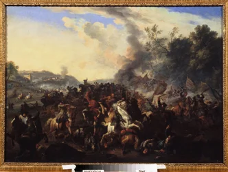 ""kampscene"" Ryttere og hester hopet seg opp under en kamp. Anonymt maleri fra den tyske skolen. Regionalt kunstmuseum fra 1600-tallet, Uzhhorod, Ukraina