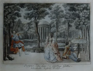 Scene fra Tryllefløyten av Wolfgang Amadeus Mozart (penn og blekk og wc på papir)