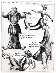 Sjømonstre, illustrasjon fra Physica Curiosa av Gaspar Schott S.J. (1608-66), utgitt Würzburg 1662