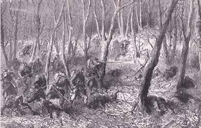 Tredning i skogen utenfor Paris, Cassells historie om krigen mellom Frankrike og Tyskland utgitt av Cassell and Company Limited, ca. 1890 (litho)