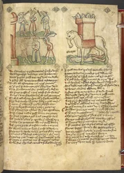 Sloane 361, f.27 Kong Codrus gir seg til å bli drept for sitt folk, og Eleazar Maccabeus knivstikker elefanten og blir knust av den, fra 'Speculum Humanae Salvation' (blekk og farge på vellum)