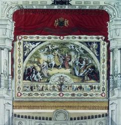 Scene og dekorative gardin av Dresden teater (penn, blekk og wc på papir)