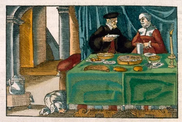 Kveldsbord, fra et tysk manuskript, ca. 1650 (håndkolorert gravering)
