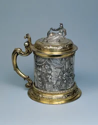 Tankard, kroppen jaget med en scene som representerer Alexander and the Legend of the Gordian Knot, Danzig, ca. 1680 (pakke forgylt sølv)