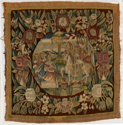Putetrekk av billedvev som viser David og Abigail, Samuel XXV, laget muligens i Hamburg, Tyskland, ca. 1615 (ull)