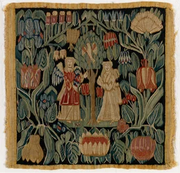 Putetrekk av billedvev som viser Bebudelsen, fra Niedersachsen eller Danmark, etter 1600 (ull)