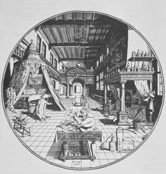The Alchemist in his Laboratory, fra Amphitheatrum Aeternae Sapientiae av Heinrich Kunrath (1609) illustrert i en magihistorie publisert sent på 1800-tallet