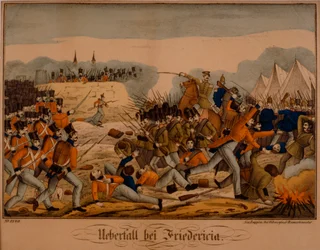 Slaget ved Fredericia under den første Schleswig-krigen, 6. juli 1849, Neuruppiner Bilderbogen, utgitt av Oehmigke & Riemschneider, ca. 1850