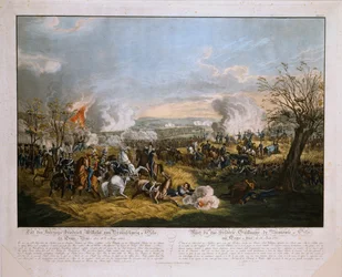The Death of the Duke of Frederick William of Brunswick (1771-1815) - ved slaget ved Quatre Bras, 16. juni 1815, utgitt av J.L. Rugendas, 1815 (farget akvatint)