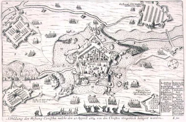 Festningen Canischa beleiret forgjeves av de kristne i 1664, illustrasjon fra en bok om de osmanske felttogene i Europa, gravert av Paul Furst (ca. 1605-66) (gravering)