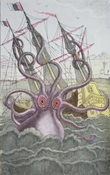 Kraken drar ned et skip (farget gravering)