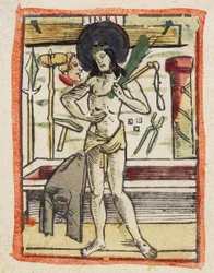 The Man of Sorrows, ca. 1480-1490 (håndfarget tresnitt)