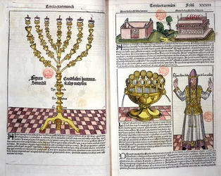 Menoraen og en hebraisk prest, fra Nürnberg-krøniken av Hartmann Schedel (1440-1514) 1493 (fargetresnitt)