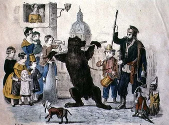 The Performing Bear, ca. 1860 (fargegravering)