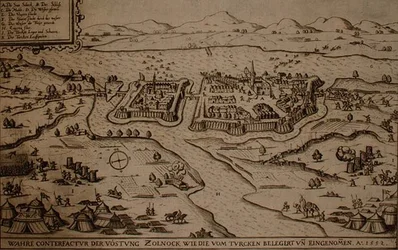 Beleiringen av Zolnock av tyrkerne i 1552, illustrasjon fra en bok om de osmanske kampanjene i Europa, gravert av Paul Furst (ca. 1605-66) (gravering)