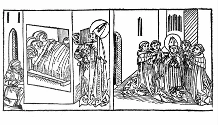 Livet til Saint Nicholas våknet. Gravering fra “Leben der Heiligen - sommerteil” (Helgenboken) av Jacobus (James) av Voragine (1228-1298). Lübeck 1488.