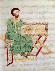 Pengeveksleren, stamfar til bankmannen Miniatyr fra manuskriptet "" De Universo"" (eller De rerum naturis (Tingenes natur)) (cod. 132) av Rabanus Maurus Magnentius (eller Raban Maur eller Rabano Mauro) (ca. 780-856). 9. århundre. Arkivet til Monte Ca