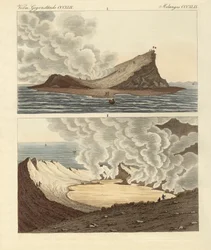 Den nye vulkanøya ved Middelhavet, to måneder senere (farget gravering)