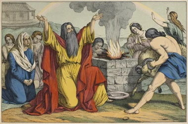 Noahs offer, illustrasjon fra LAncien Testament, utgitt av Jakob Ferdinand Schreiber, Esslingen (fargegravering)