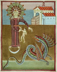 Kvinnen kledd med solen som ble angrepet av dragen med syv hoder, faksimile av Bamberg Apocalypse