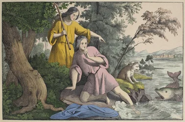 Tobias and the Archangel Raphael, illustrasjon fra LAncien Testament, utgitt av Jakob Ferdinand Schreiber, Esslingen (fargegravering)
