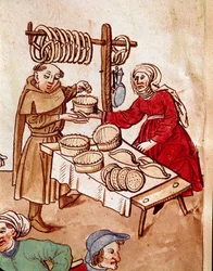 Handel: en brødselger. Miniatyr fra "Krøniken om konsilet i Konstanz" av Ulrich Richental (1360-1437), cirka 1438. Praha, Nasjonalbiblioteket