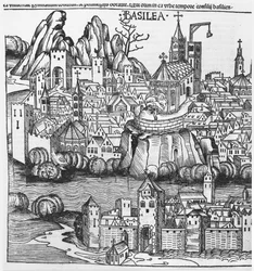 Utsikt over Basel, illustrasjon fra Chronicle of Nurnberg av Hartmann Schedel (1440-1514) 1493