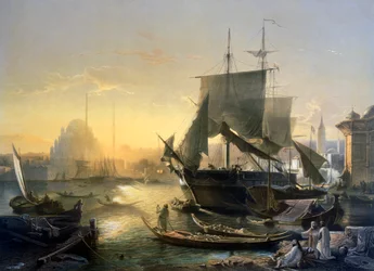 Utsikt over shipping på Bosporos ved solnedgang