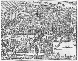 Utsikt over Zürich, fra Cosmographie Universelle av Sebastien Munster (1488-1552) Basel, utgitt 1559