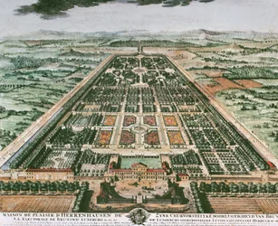 Utsikt over hagen til Herrenhausen slott, ca 1708, fargetrykk, Tyskland