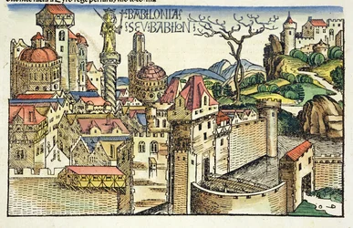 Utsikt over den gamle byen Babylon, fra Nürnberg-krøniken av Hartmann Schedel (1440-1514) 1493