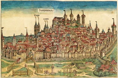 Utsikt over byen Nürnberga, publisert i Nuremberg Chronicle, 1493