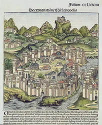Utsikt over den befestede byen Konstantinopel, fra Nürnberg-krøniken av Hartmann Schedel (1440-1514) 1493 (treblokk)