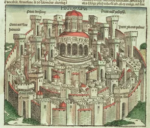 Utsikt over den befestede byen Jerusalem som viser Salomos tempel og byportene, fra Nürnberg-krøniken av Hartmann Schedel (1440-1514) 1493