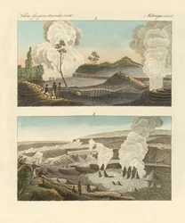 Vulkaner på øya Hawaii (farget gravering)