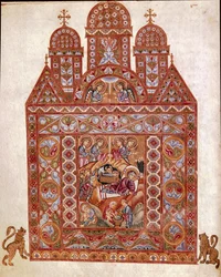 Nativite miniatyr av Codex of Egbert (Codex Egberti) av skolen i Reichenau. 980 ca. Cividale del Friuli, arkeologisk museum eller Cathedrale de Cividale
