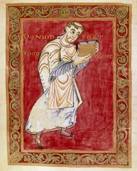 Munken Ruodprecht tar med manuskriptet til buen Egbert de Treves (977-993) Miniatyr av Codex of Egbert (Codex Egberti) av skolen i Reichenau. Cividale del Friuli, Museo Archeologico eller Cathedrale de Cividale