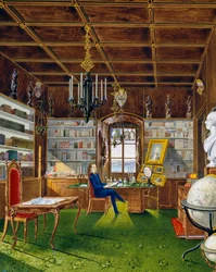 Biblioteket i Villa Lazarovich, Trieste-residensen til Maximilian av Habsburg (1832-1867), tempera av Germano Prosdocimi