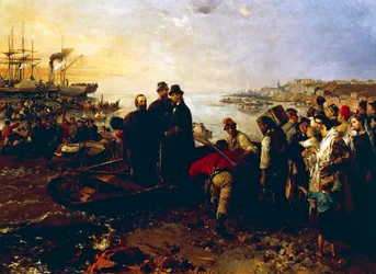 Boarding of the Thousand at Quarto, rundt 1860, av Gerolamo Induno (1825-1890), olje på lerret