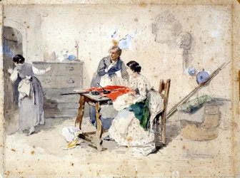 Milanesiske kvinner lager det italienske tricolor-flagget. Akvarell av Gerolamo (Girolamo) Induno (1825 - 1890). Milano, Risorgimento-museet.