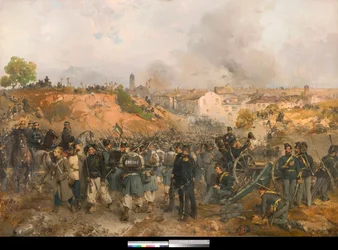 Risorgimento, Den andre italienske uavhengighetskrigen: Slaget ved Palestro 30.05.1859 mellom det østerrikske imperiet og de forente styrkene til kongeriket Sardinia-Piemonte og Frankrike. Maleri av Gerolamo Induno (1825-1890) 1860. Privat samling.