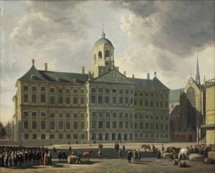 Utsikt over demningen med det nye rådhuset, Nieuwe Kerk og Waag, Amsterdam