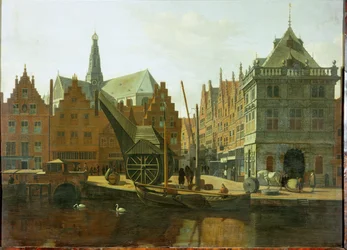 Haarlem havn med offentlige vekter og spiret til Saint Bavon i bakgrunnen