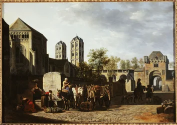 Offentlig fontene og St. Gereons kirke i Köln, ca. 1670 (olje på tre)