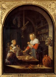 Landsbyens kjøpmann (med portrettet av maleren i bakgrunnen) Maleri av Gerard Dou (1613-1675) 1647 Søn. 0,38x0,29 m