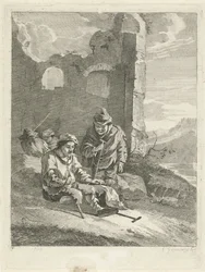Fire figurer ved en ruin