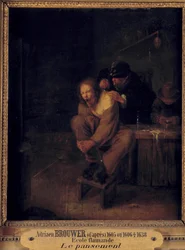 Operasjon (eller påkledning) En kirurg som tar seg av en pasient. Maleri av Gerrit Lundens (1622-1683) etter Adriaen Brouwer (1605/1606-1638). 17. århundre. Dim. 0,32x0,28 m.