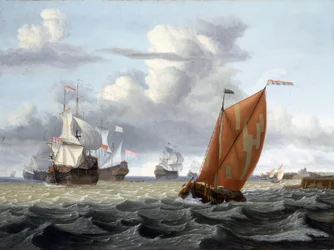 Navigasjon utenfor en nederlandsk havn, med tårnet til en kirke og noen få bygninger, sannsynligvis Enkhuizen (Holland) ved Zuiderzee (eller Zuyderzee eller Sørsjøen) og beskrivelse av et bredt utvalg av fartøy: sildefiskebåt og fartøy fra det nederlandske